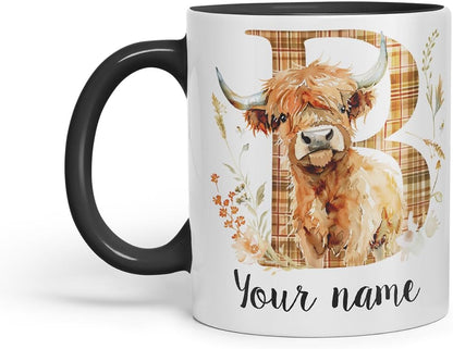 Vixar Personalised Highland Cow Initial Letter B Custom Name Mug – Coloured Ceramic Mug Cup Gift, 11oz (Black)