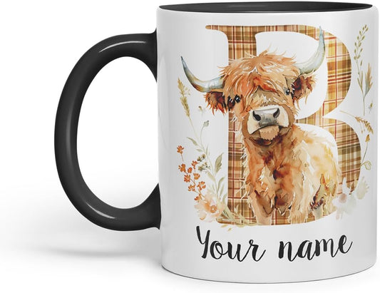 Vixar Personalised Highland Cow Initial Letter B Custom Name Mug – Coloured Ceramic Mug Cup Gift, 11oz (Black)