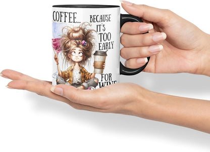 Vixar Coffee Because It’s Too Early for Wine Mug – Coloured Ceramic Mug Cup Gift, 11oz (Black)