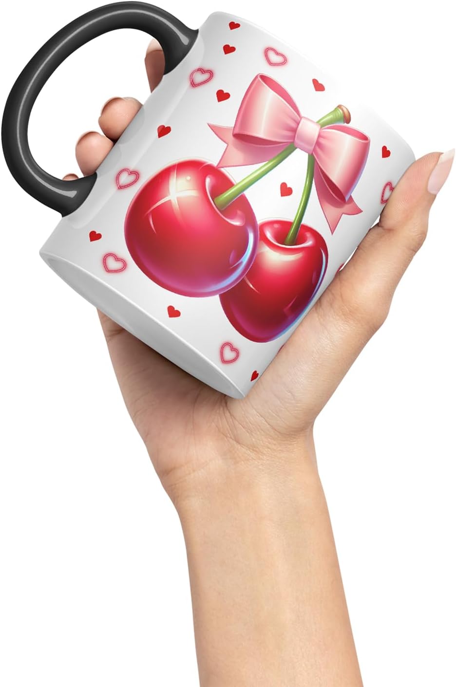 Vixar Cute Cherry Hearts Bow Mug – Coloured Ceramic Mug Cup Gift, 11oz (Black)