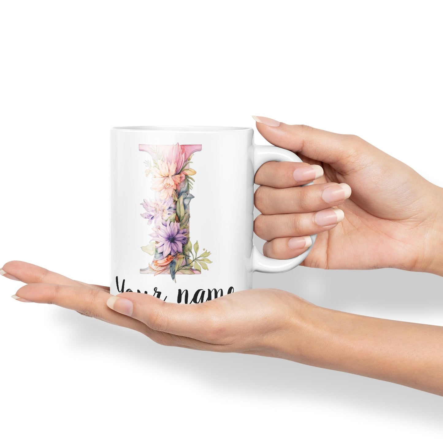 Personalised Letter I mug, Customized Custom Floral flowers butterfly Alphabet Letter I Monogram watercolour Ceramic Coloured Mug Cup for Tea Coffee Hot brew 330ml 11Oz Gift