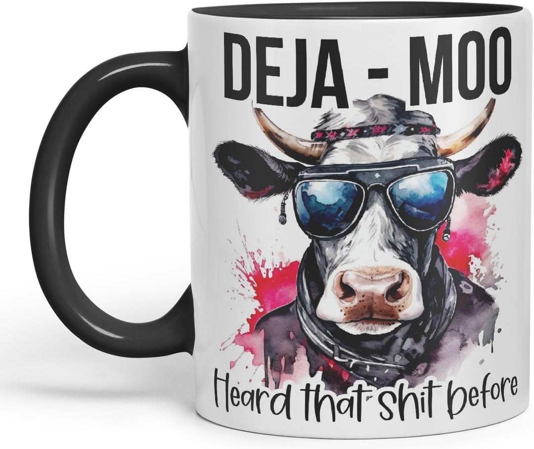 Vixar Deja Moo Heard That Sh.. Before Cow Joke Coloured Ceramic Mug Cup Gift, 11oz (Black)