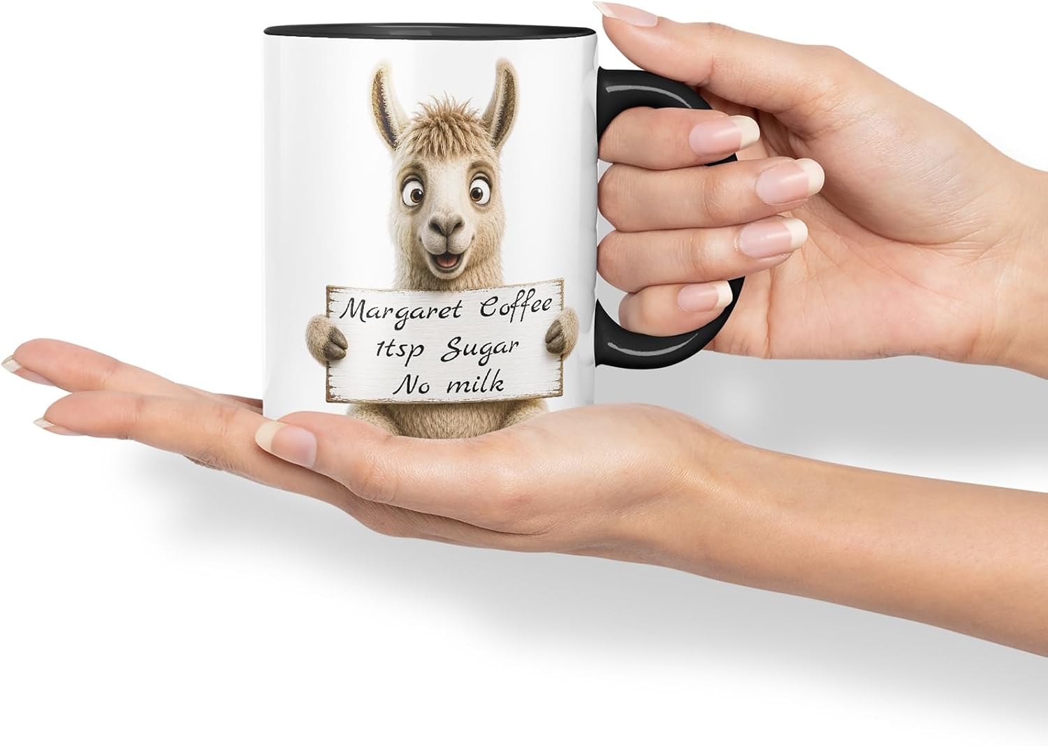 Vixar Personalised Llama Mug with Name or Custom Message – Cute Animal Coloured Ceramic Mug Cup Gift, 11oz (Black)
