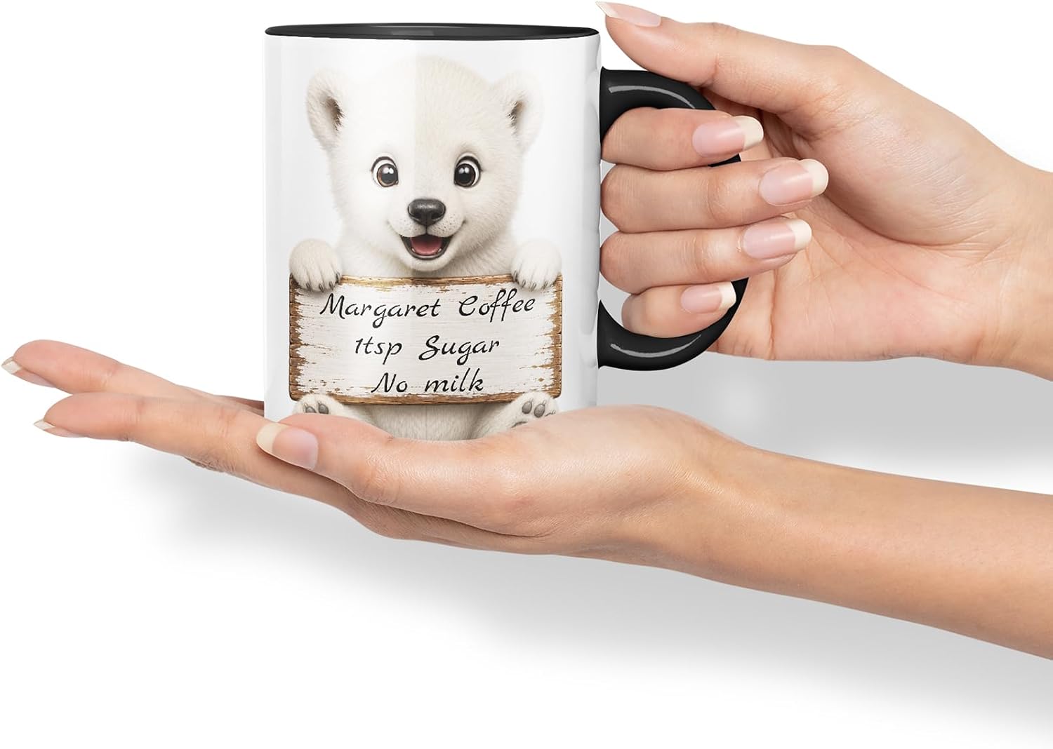 Vixar Personalised Polar Bear Mug with Name or Custom Message – Cute Animal Coloured Ceramic Mug Cup Gift, 11oz (Black)