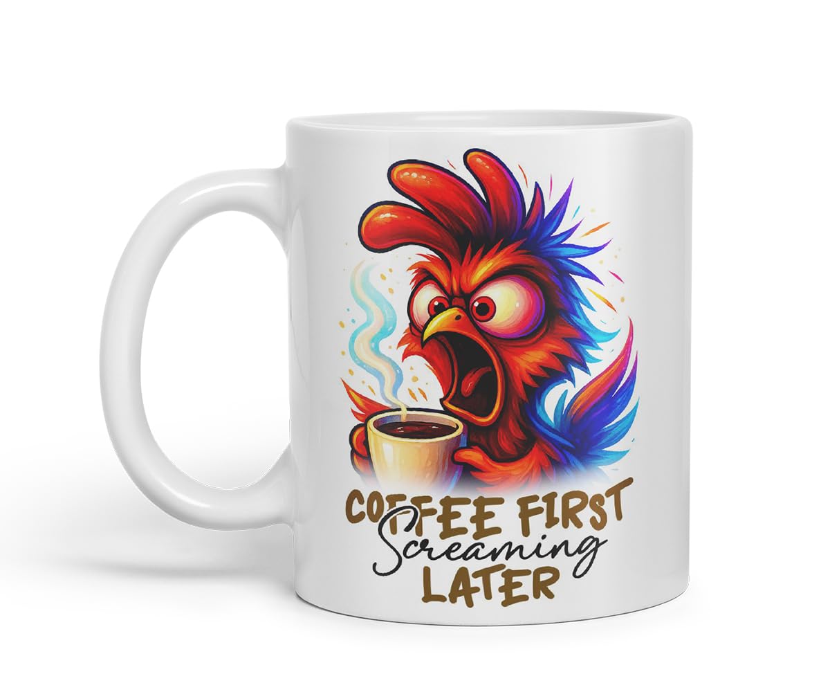Vixar Coffee First Screaming Later Funny Chicken Mug – Coloured Ceramic Mug Cup Gift, 11oz (Black)