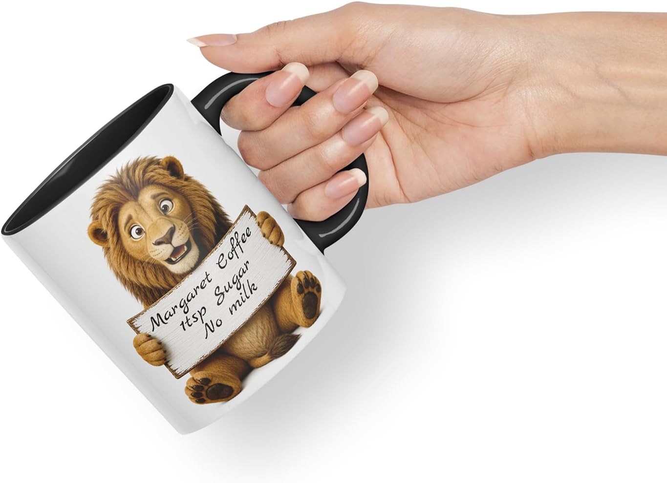Vixar Personalised Lion Mug with Name or Custom Message – Cute Animal Coloured Ceramic Mug Cup Gift, 11oz (Black)