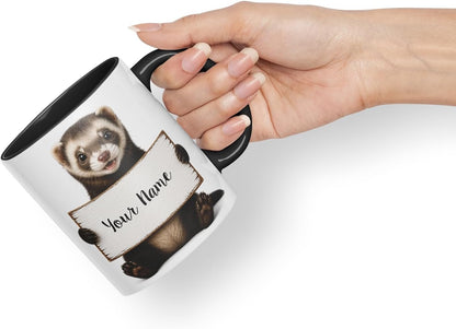 Vixar Personalised Ferret Mug with Name or Custom Message – Cute Animal Coloured Ceramic Mug Cup Gift, 11oz (Black)