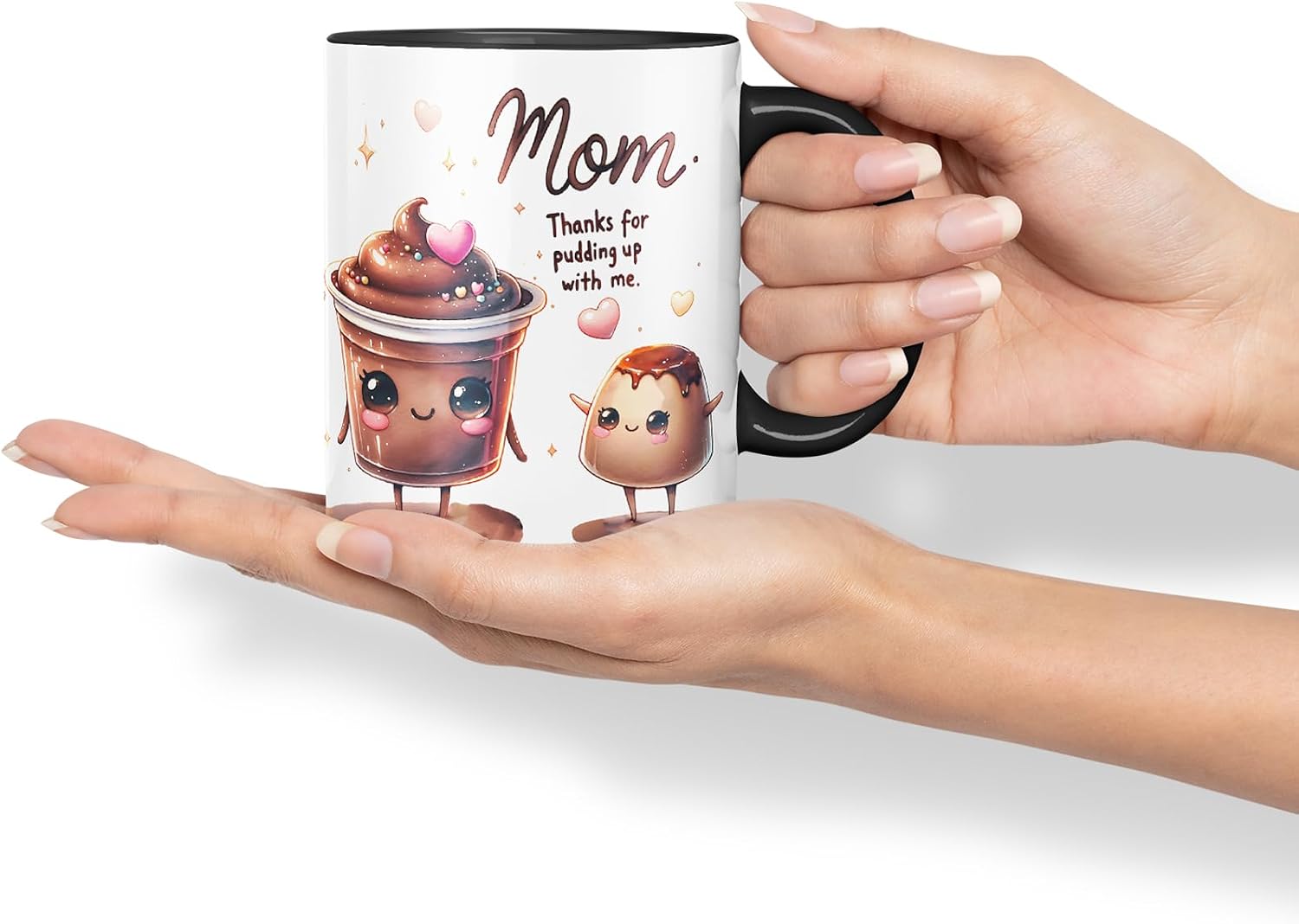 Vixar Mom Thanks for Pudding Up with Me Funny Pudding Mug Mother Mum – Coloured Ceramic Mug Cup Gift, 11oz (Black)