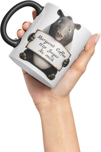 Vixar Personalised Tapir Mug with Name or Custom Message – Cute Animal Coloured Ceramic Mug Cup Gift, 11oz (Black)