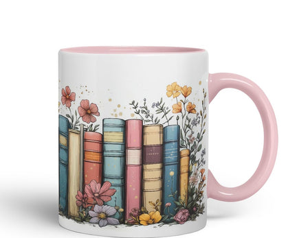 Vixar Floral Bookshelf Coloured Ceramic Mug Cup Gift, 11oz (Black)