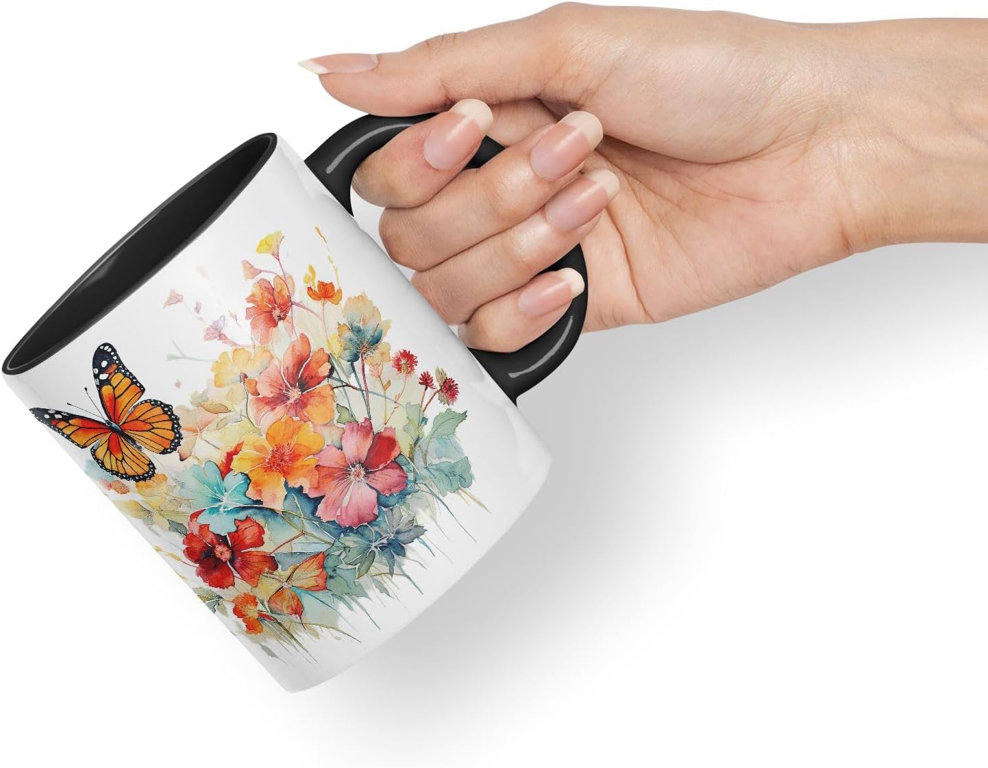 Vixar Ceramic Mug “Flowers & Butterfly” – Coloured Coffee & Tea Mug Cup 11oz 330ml (Black)