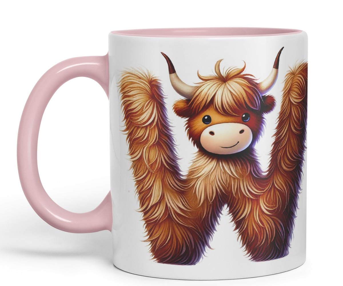 Highland Cow Alphabet Monogram Coloured Ceramic Cup Mug Letter W Rustic Farmhouse Animal Letter Gift V2 11oz (Black)