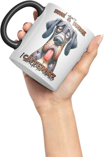 Vixar I Don’t Rise & Shine — I Caffeinate and Hope for The Best Sarcastic Great Dane Dog Mug, Coloured Ceramic Cup 11oz (Black)