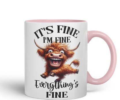 Vixar It's Fine I'm Fine Everything is ..., Highland Cow Scottish Joke Sarcastic Ceramic Coloured Mug Cup 330ml 11Oz FHC2(Black)