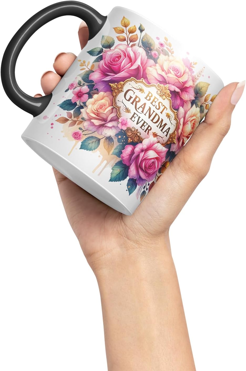 Vixar Best Grandma Ever Floral Mug – Coloured Ceramic Mug Cup Gift, 11oz (Black)