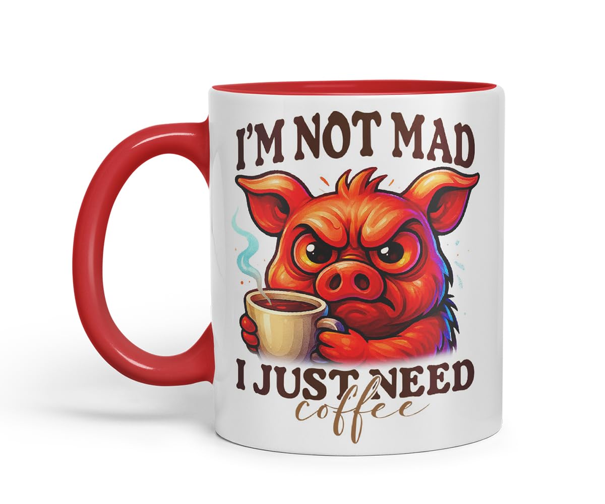 Vixar I'm Not Mad I Just Need Coffee Funny Pig Mug – Coloured Ceramic Mug Cup Gift, 11oz (Black)