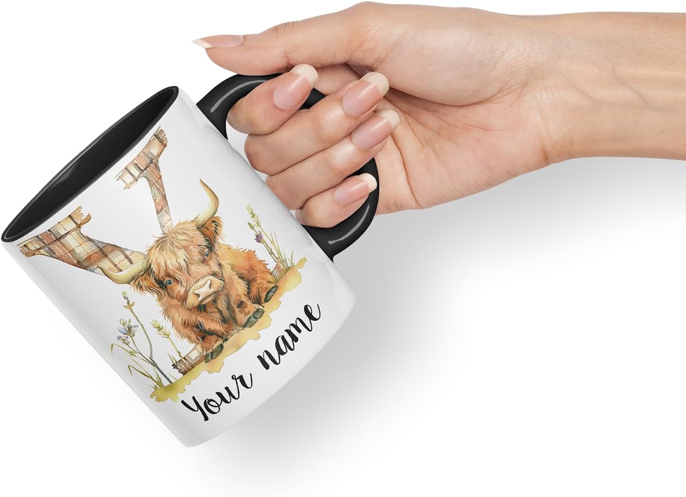 Vixar Personalised Highland Cow Initial Letter Y Custom Name Mug – Coloured Ceramic Mug Cup Gift, 11oz (Black)