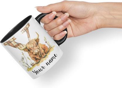 Vixar Personalised Highland Cow Initial Letter Y Custom Name Mug – Coloured Ceramic Mug Cup Gift, 11oz (Black)
