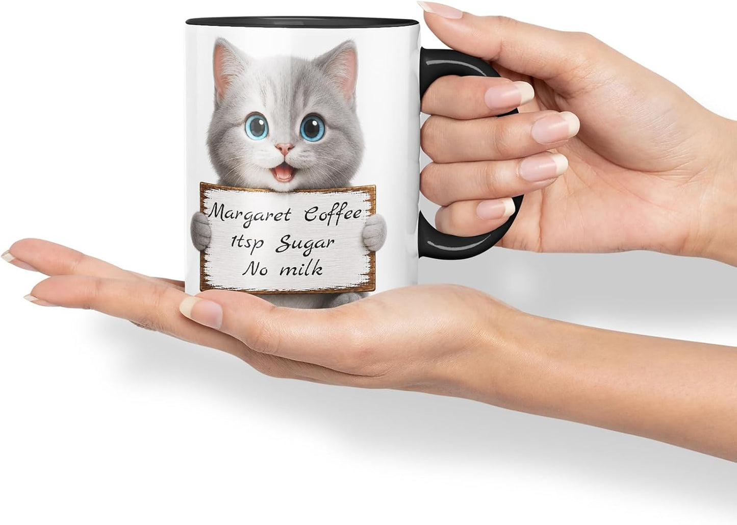 Vixar Personalised Grey Kitten Mug with Name or Custom Message – Cute Animal Coloured Ceramic Mug Cup Gift, 11oz (Black)