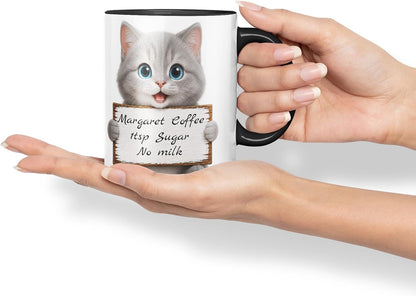 Vixar Personalised Grey Kitten Mug with Name or Custom Message – Cute Animal Coloured Ceramic Mug Cup Gift, 11oz (Black)