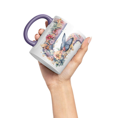 Letter U mug, Floral flowers butterfly Alphabet Letter U Monogram watercolour Ceramic Coloured Mug Cup for Tea Coffee Hot brew 330ml 11Oz Gift