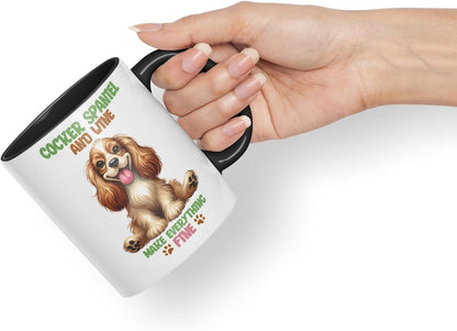 Vixar Cocker Spaniel and Wine Make Everything Fine Dog Mug – Coloured Ceramic Mug Cup Gift, 11oz (Black)