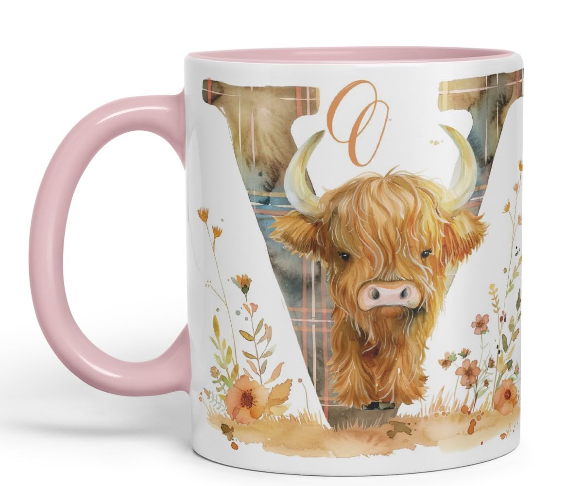 Vixar Highland Cow Alphabet Monogram Coloured Ceramic Cup Mug – Letter V – Rustic Farmhouse Animal Letter Gift – 11oz (Black)