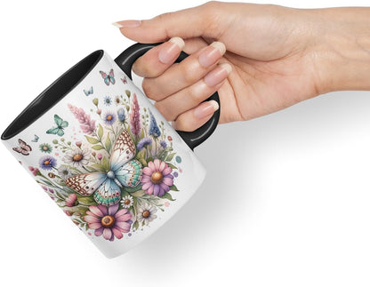 Vixar Butterflies and Wildflowers Coloured Mug Cup Floral Garden Nature Gift 11oz (Black)
