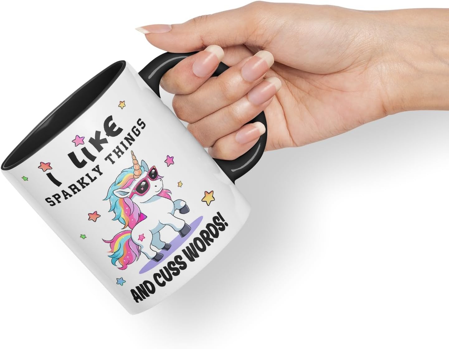 Vixar I Like Sparkly Things and Coffee – Funny Unicorn Coloured Mug Cup 11oz (Black)