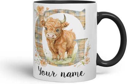 Vixar Personalised Highland Cow Initial Letter G Custom Name Mug – Coloured Ceramic Mug Cup Gift, 11oz (Black)