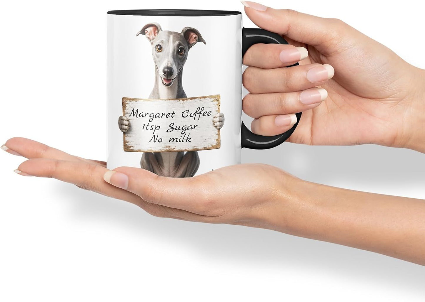Vixar Personalised Greyhound Mug with Name or Custom Message – Cute Animal Coloured Ceramic Mug Cup Gift, 11oz (Black)