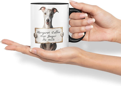 Vixar Personalised Greyhound Mug with Name or Custom Message – Cute Animal Coloured Ceramic Mug Cup Gift, 11oz (Black)