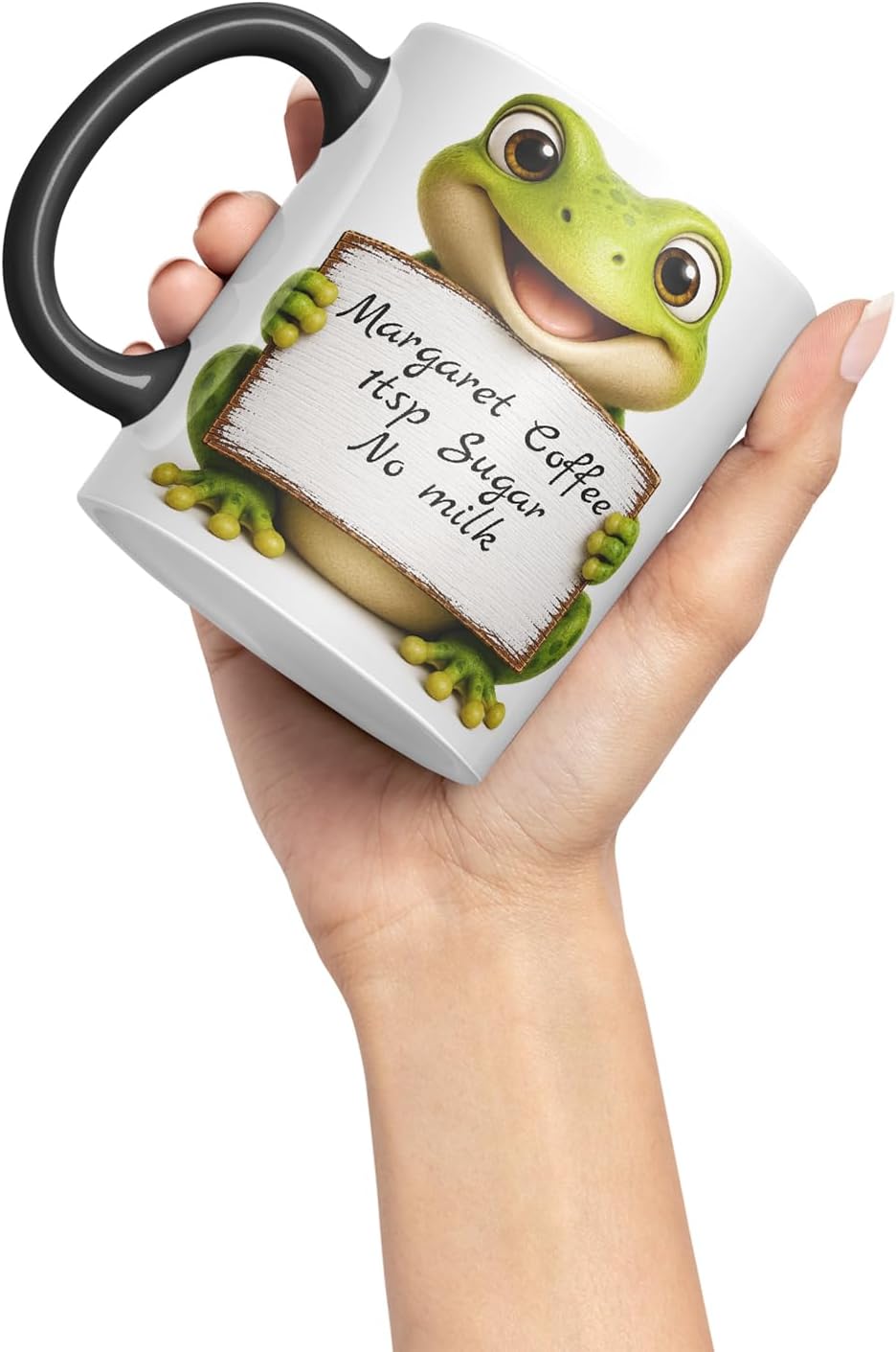 Vixar Personalised Frog Mug with Name or Custom Message – Cute Animal Coloured Ceramic Mug Cup Gift, 11oz (Black)