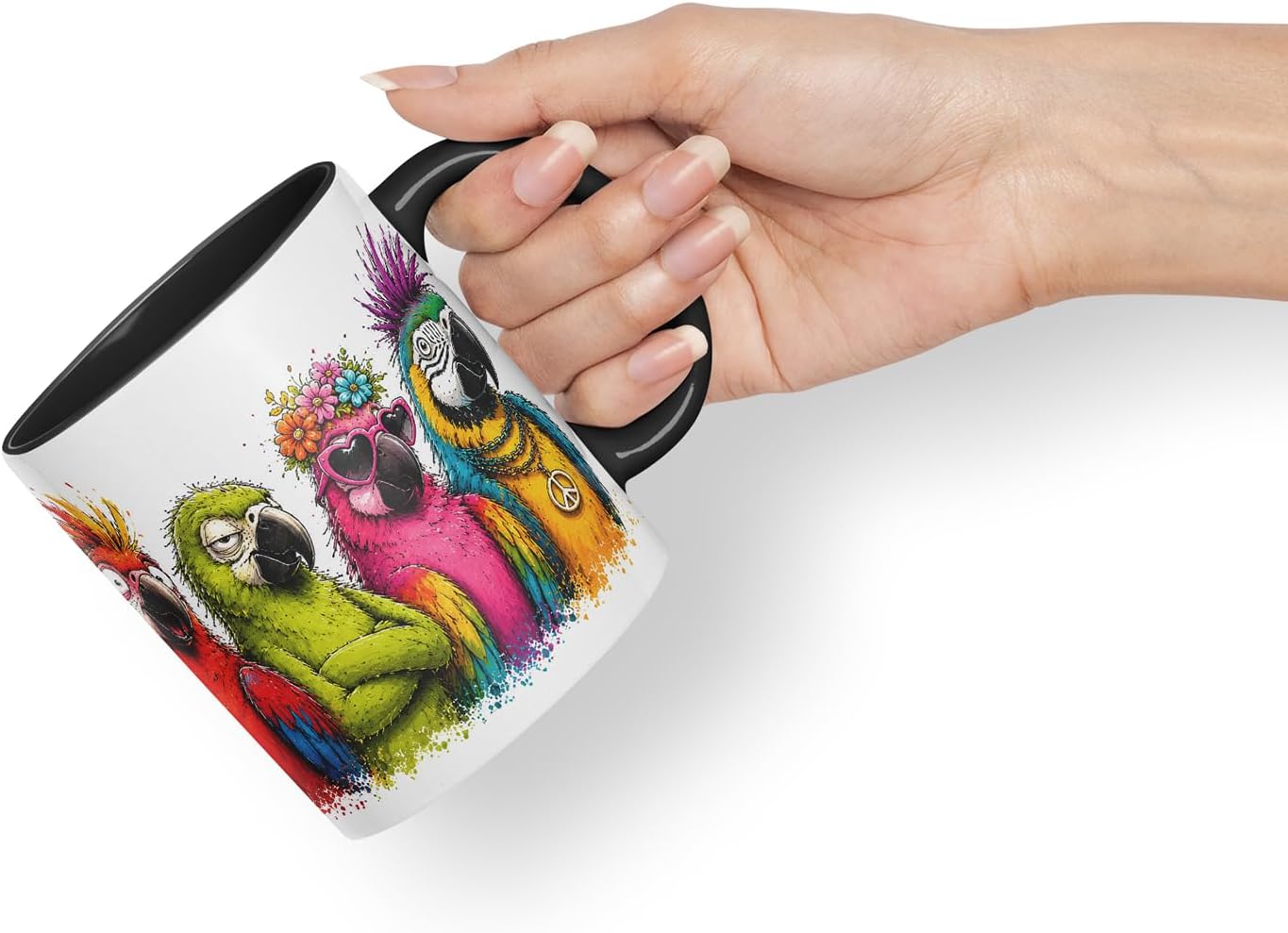 Vixar Parrots Mug – Colourful Bird Lover Coloured Ceramic Mug Cup Gift, 11oz (Black)