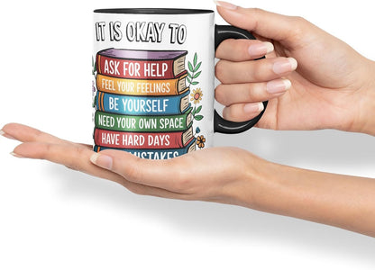 Vixar It is Okay to Ask for Help – Feel Your Feelings – Be Yourself – Need Your Own Space – Have Hard Days – Make Mistakes Coloured Ceramic Mug Cup Gift, 11oz (Black)