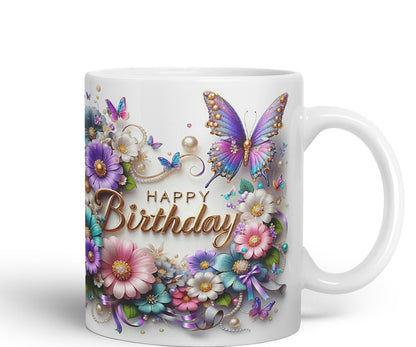 Vixar Happy Birthday Floral Wreath Butterflies Coloured Ceramic Mug Cup Gift 11oz V13 (Black)