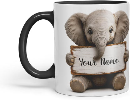 Vixar Personalised Elephant Mug with Name or Custom Message – Cute Animal Coloured Ceramic Mug Cup Gift, 11oz (Black)