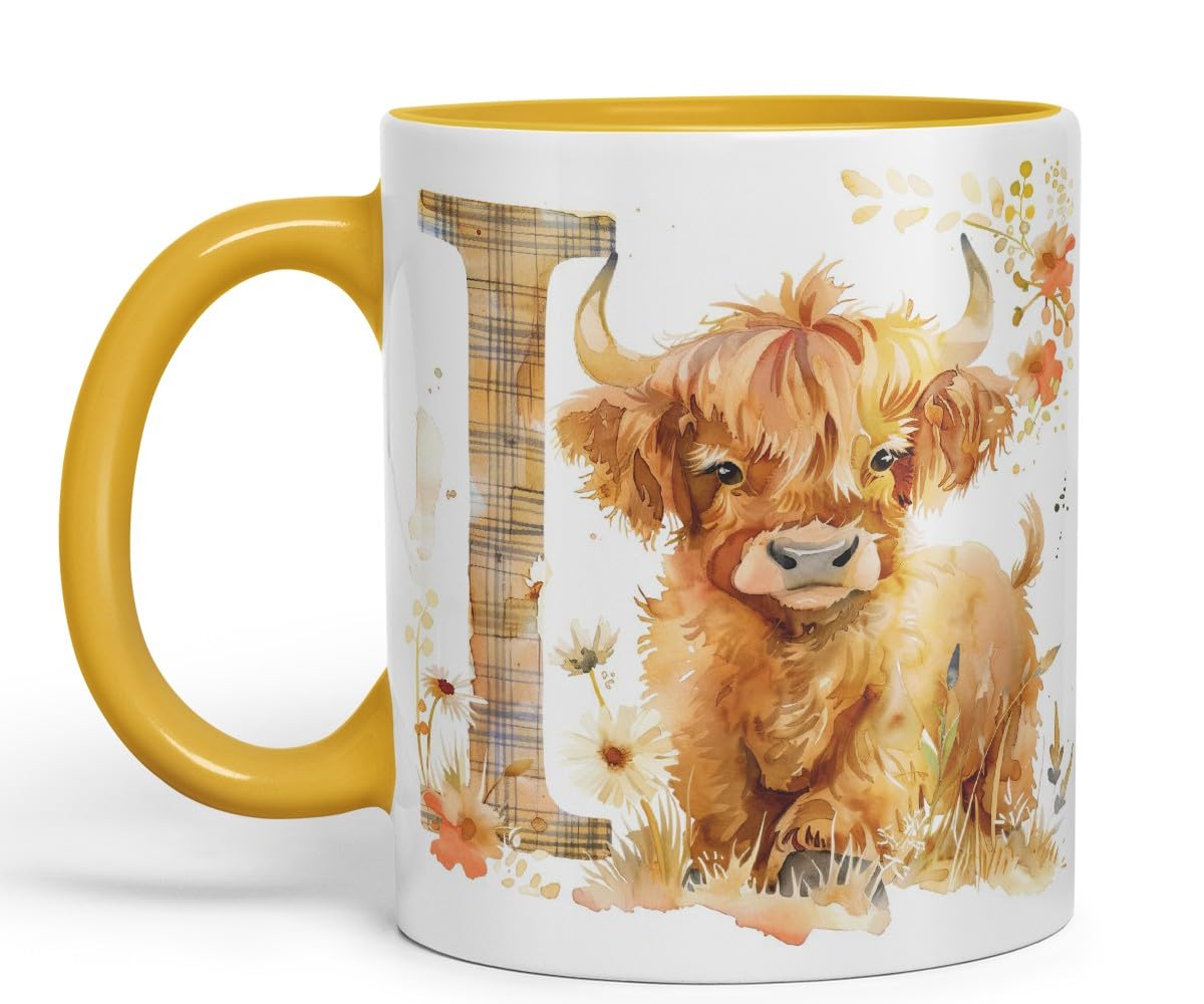 Vixar Highland Cow Alphabet Monogram Coloured Ceramic Cup Mug – Letter I – Rustic Farmhouse Animal Letter Gift – 11oz (Black)