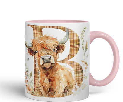 Vixar Highland Cow Alphabet Monogram Coloured Ceramic Cup Mug – Letter B – Rustic Farmhouse Animal Letter Gift – 11oz (Black)