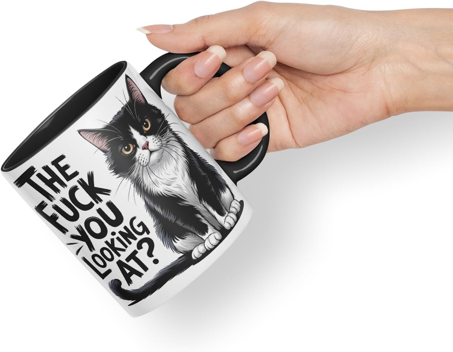 Vixar The F*** You Looking at? Sarcastic cat Coloured Ceramic Mug Cup Gift, 11oz (Black)
