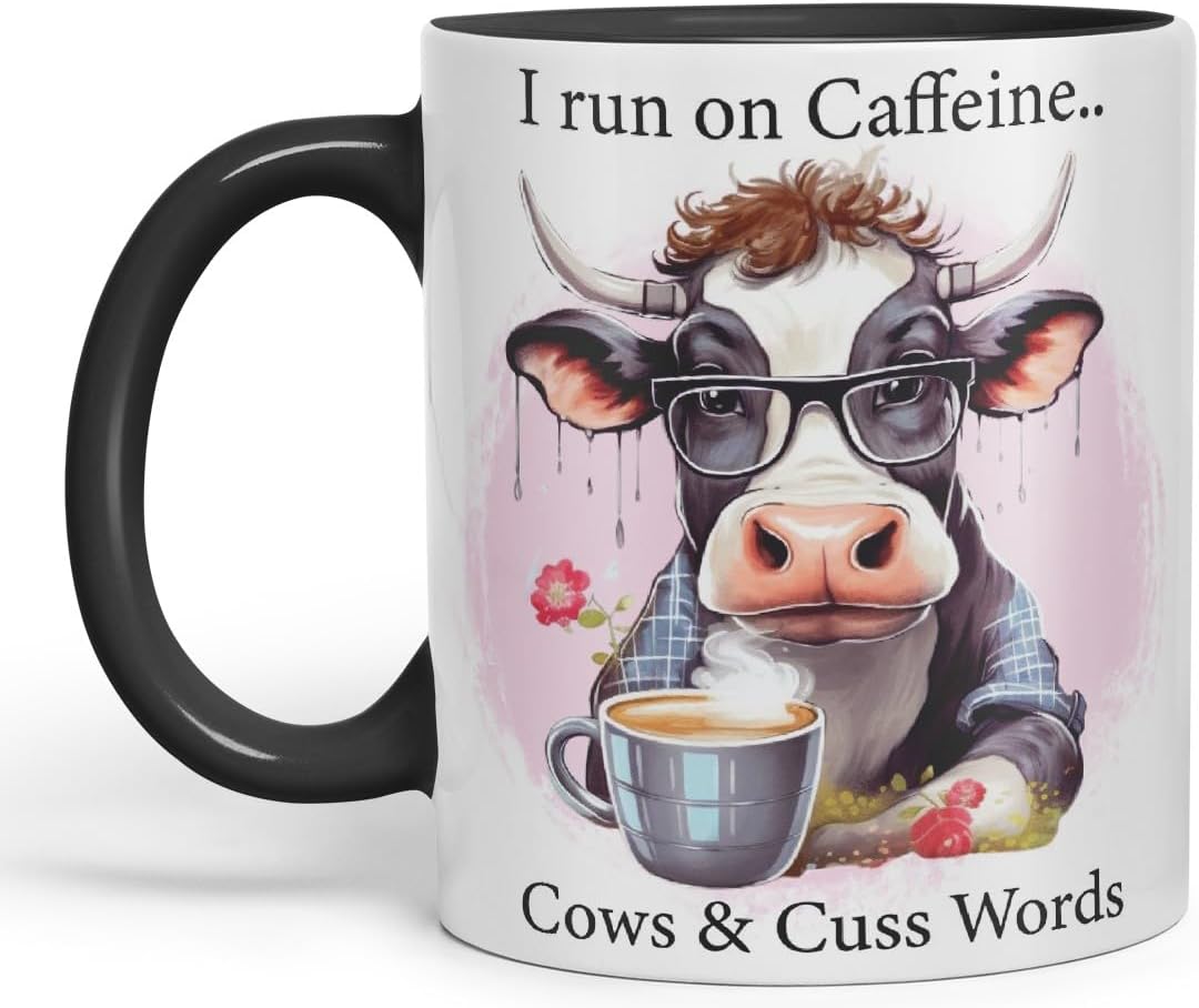 Vixar I Run on Caffeine Cows & Cu.. Words Coloured Ceramic Mug Cup Gift, 11oz (Black)