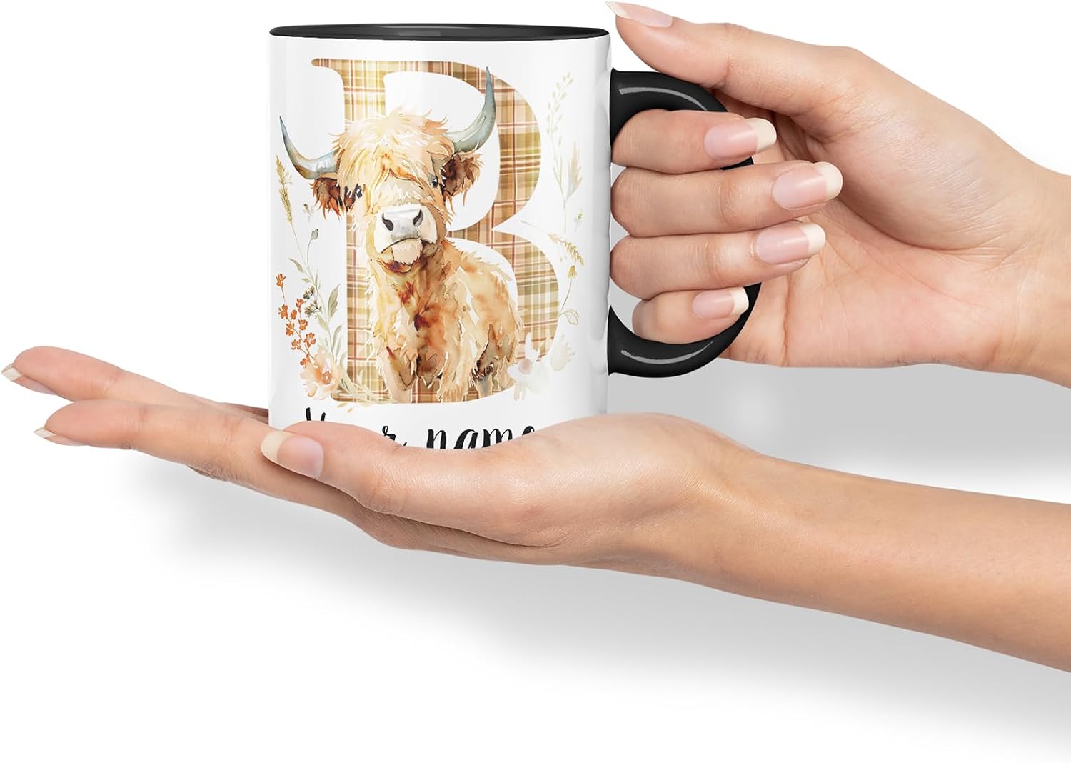 Vixar Personalised Highland Cow Initial Letter B Custom Name Mug – Coloured Ceramic Mug Cup Gift, 11oz (Black)