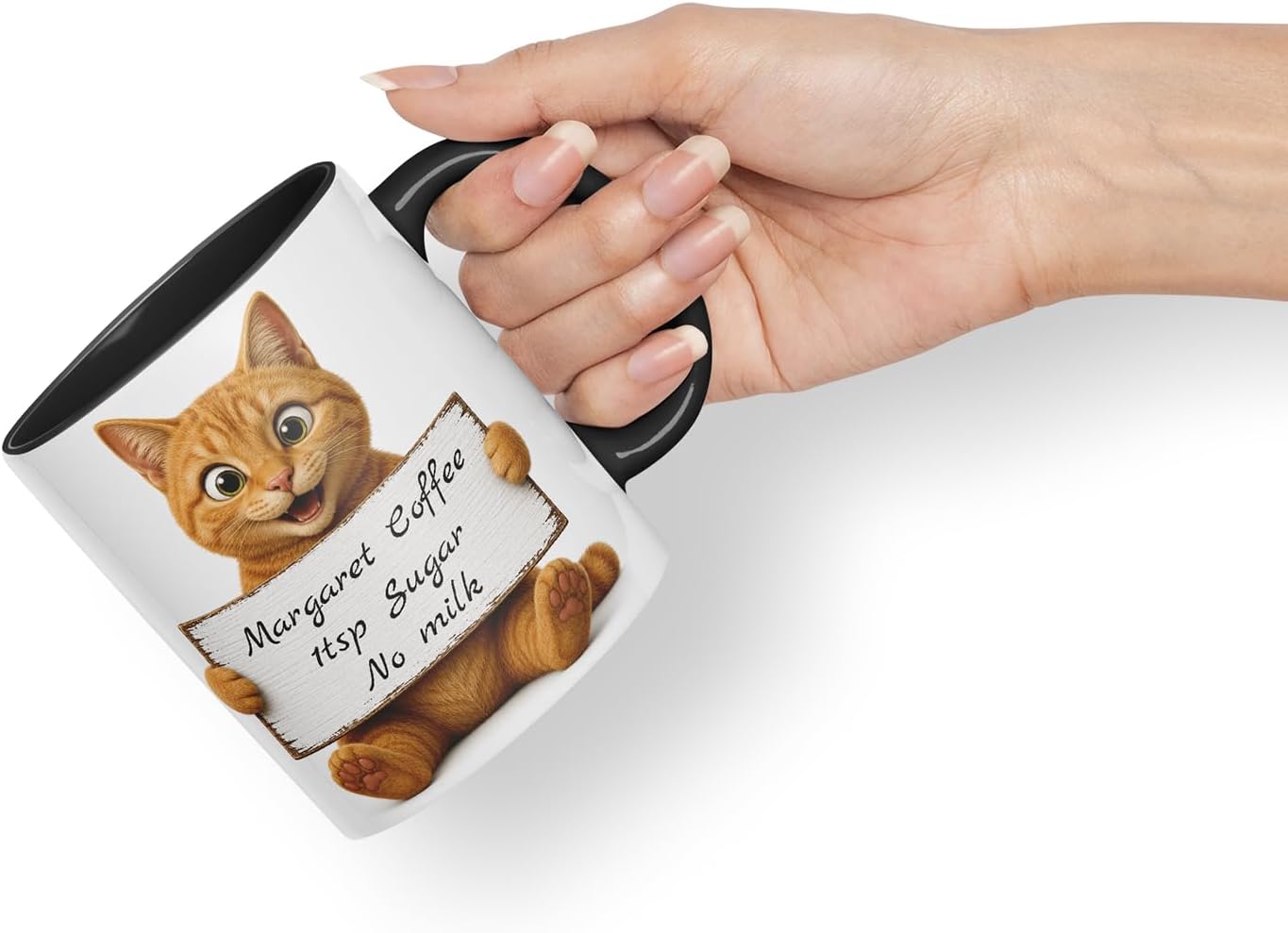 Vixar Personalised Ginger Cat Mug with Name or Custom Message – Cute Animal Coloured Ceramic Mug Cup Gift, 11oz (Black)