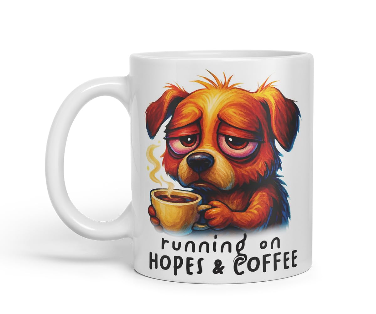 Vixar Running On Hopes and Coffee Funny Dog Mug – Coloured Ceramic Mug Cup Gift, 11oz (Black)