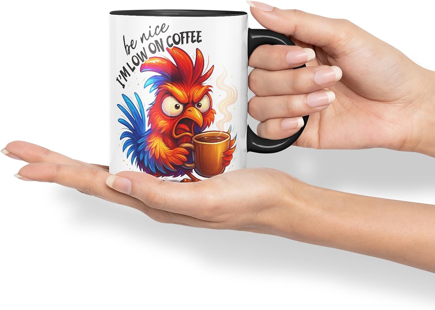 Vixar Be Nice I'm Low On Coffee Funny Chicken Mug – Coloured Ceramic Mug Cup Gift, 11oz (Black)