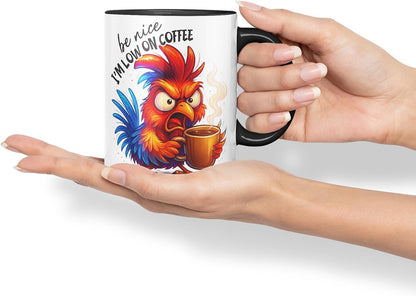 Vixar Be Nice I'm Low On Coffee Funny Chicken Mug – Coloured Ceramic Mug Cup Gift, 11oz (Black)