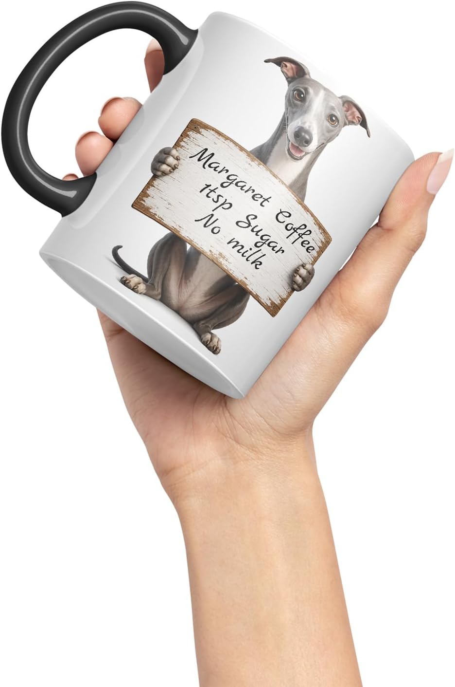 Vixar Personalised Greyhound Mug with Name or Custom Message – Cute Animal Coloured Ceramic Mug Cup Gift, 11oz (Black)