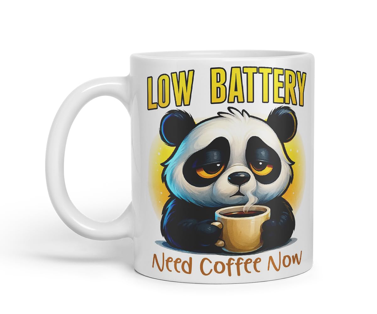 Vixar Low Battery Need Coffee Now Funny Panda Mug – Coloured Ceramic Mug Cup Gift, 11oz (Black)