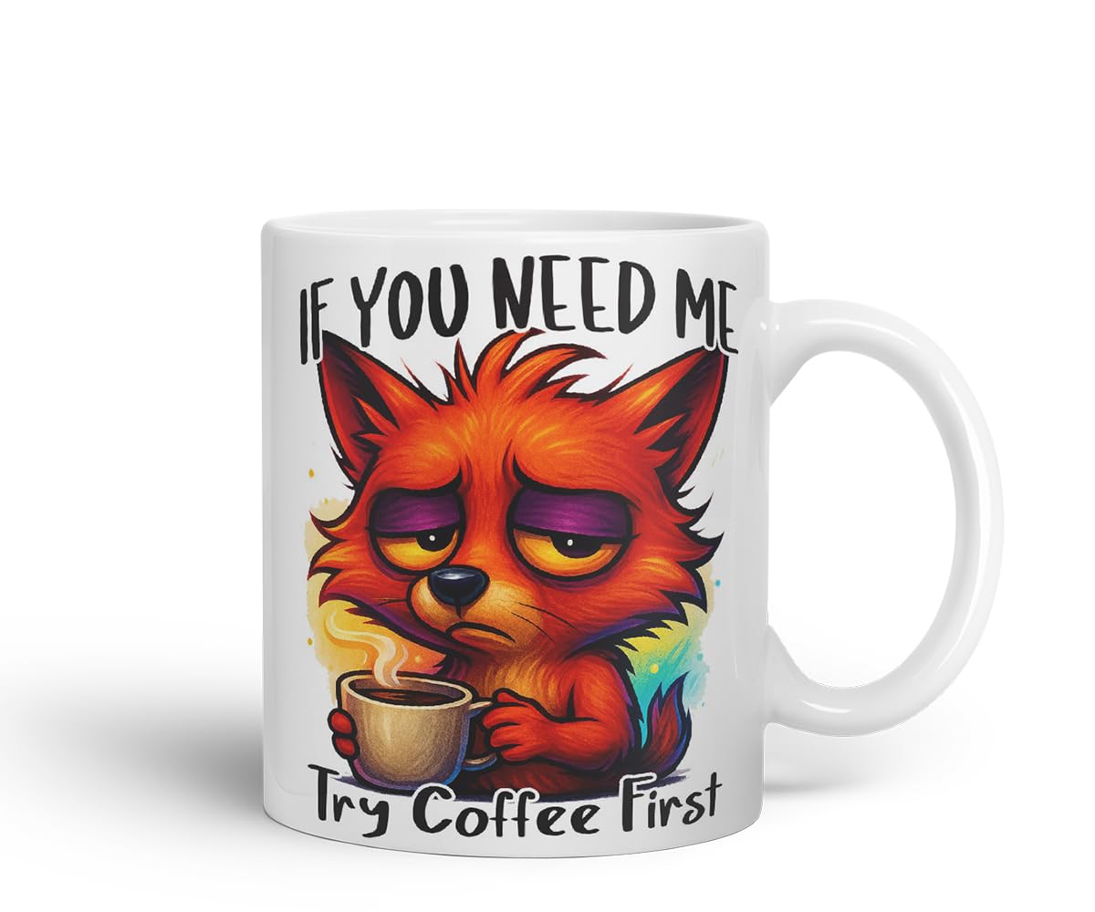 Vixar If You Need Me Try Coffee First Funny Fox Mug – Coloured Ceramic Mug Cup Gift, 11oz (Black)