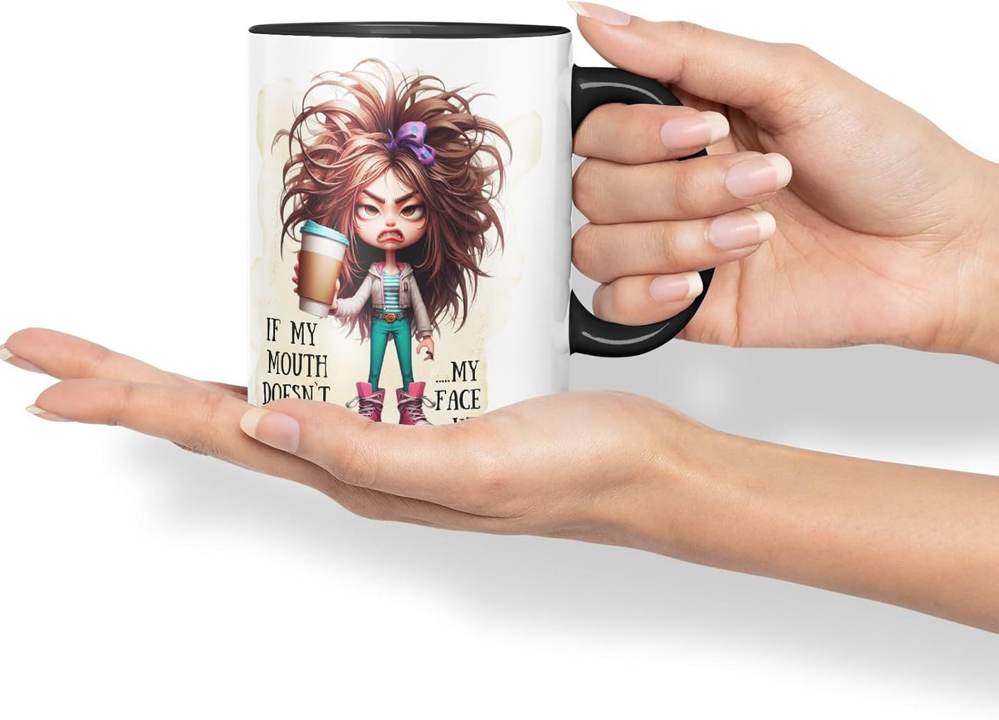 Grumpy Woman Funny Mug – If My Mouth Doesn’t Say It My Face Will – Coloured Ceramic Mug Cup Gift, 11oz (Black)